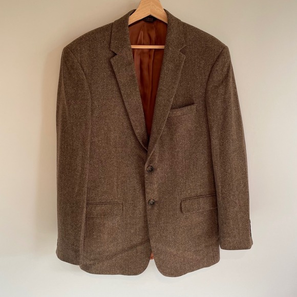 Joseph A Bank Mens 41L Brown Tweed Wool Blend Slim Fit Blazer Sport Coat Dapper - Picture 1 of 10